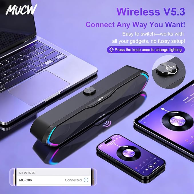 Gaming Soundbar for PC, Bluetooth 5.3 Computer Speaker with RGB Lights and Volume Knob, USB Wired & Wireless Desktop Sound Bar for Laptop