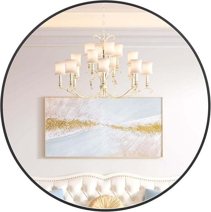 24 in Round Mirror for Wall, Black Metal Frame Circle Mirror, Round Bathroom Mirror for Wall Decor, Mirror for Entryway, Vanity, Bedroom, Easy to Install