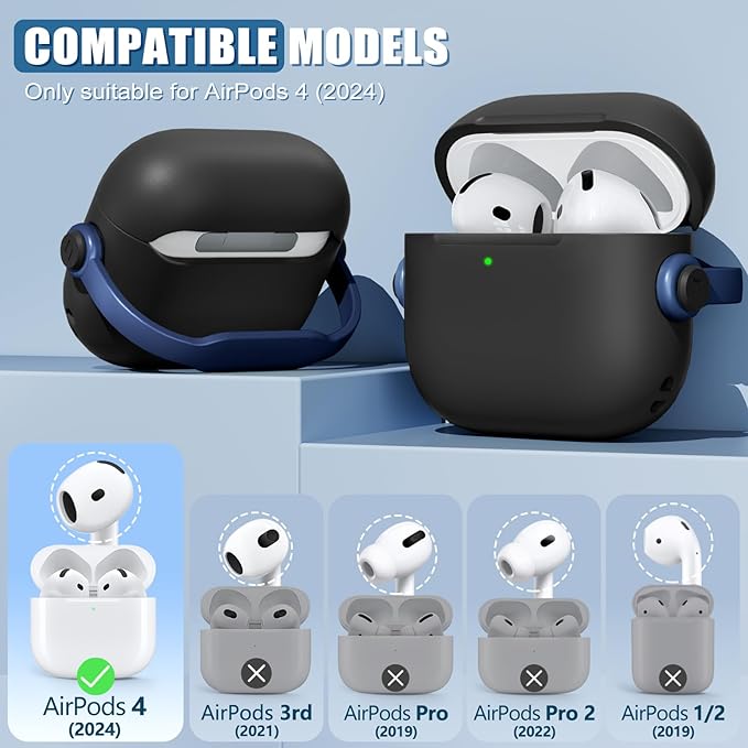 Safety Lock for Airpods 4 Case, TPU Case for Apple Airpods 4 Case 2024 USB-C with Cleaner Kit, Drop Protection Airpods 4 Case Cover for Men with Lock and Keychain, Black+Blue