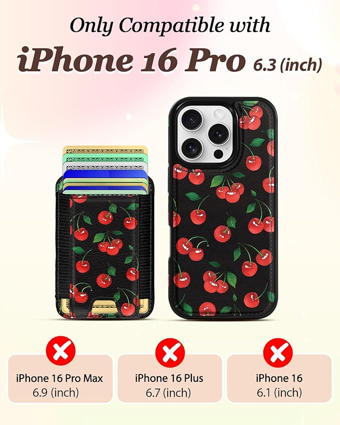 Shorogyt for iPhone 16 Pro Case Wallet - Fits 5 Cards, Compatible with Magsafe Detachable Magnetic Credit Card Holder Leather Cardholder Cute Phone Cover Women Girls for Apple 16Pro, Cherry