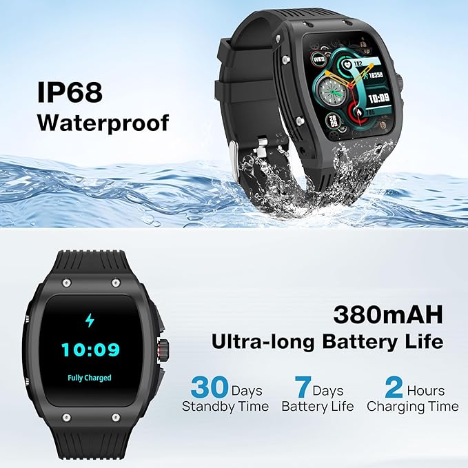 Smart Watches for Men, 1.76" HD Square Touchscreen Smartwatch, Heart Rate/SpO2/Sleep Monitor, Make/Answer Calls, 100+ Sports Modes, IP68 Waterproof Fitness Watch for iPhone Android Compatible (Black)