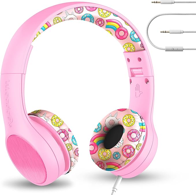 LilGadgets Girls Wired Headphones - Pink Doughnut On-Ear Ages 3+ - Built-in Mic & SoftTouch Padding - SharePort Audio Sharing - Detachable Braided Cable & Volume-Limiting Safety
