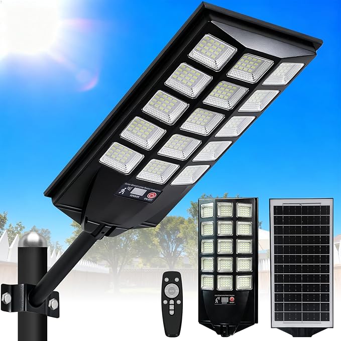 Jercoda 1 Pack Solar Street Lights Outdoor, 6500K LED Flood Lights with Motion Sensor, Dusk to Dawn Security Lights with Remote Control, Waterproof Solar Powered Lighting for Garden Yard Parking Lot