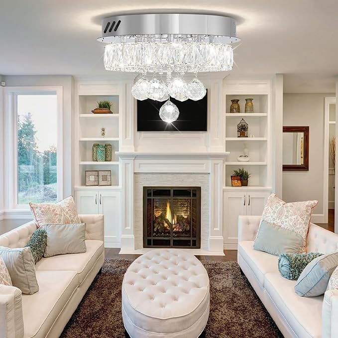 Dia 12" Mini Chandelier Flush Mount Chandelier for Hallway, Crystal Ceiling Chandeliers for Dining Room, Bedroom, Living Room, Entryway, Kitchen (Chrome Ceiling Light Fixture)