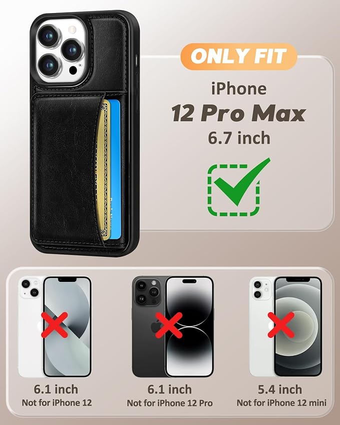 for iPhone 12 Pro Max Case with Wallet - Fits 4 Card Slots, Compatible with MagSafe for Women Men Durable PU Leather Credit Card Holder Kickstand Phone Cover for Apple 12 Promax, Black