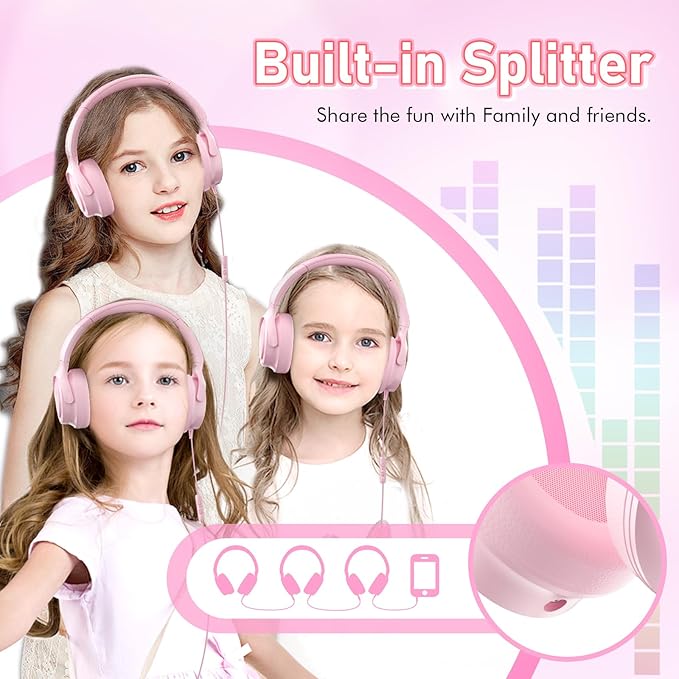 Kids Headphones with Cord-3.5mm Jack 85/94dB Safe Volume Control Built-in Microphone On-Ear Headphones for Kids/Teens/Girls/School/Travel/3.5mm Devices(Pink)