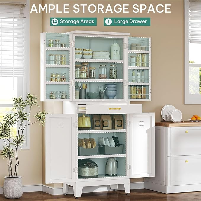 YITAHOME 71" Metal Kitchen Pantry Storage Cabinet with 4 Doors, 4 Adjustable Shelves, 1 Drawer and 8 Door Racks, Tall Freestanding Steel Cupboard for Home Kitchen Living Dining Room, White