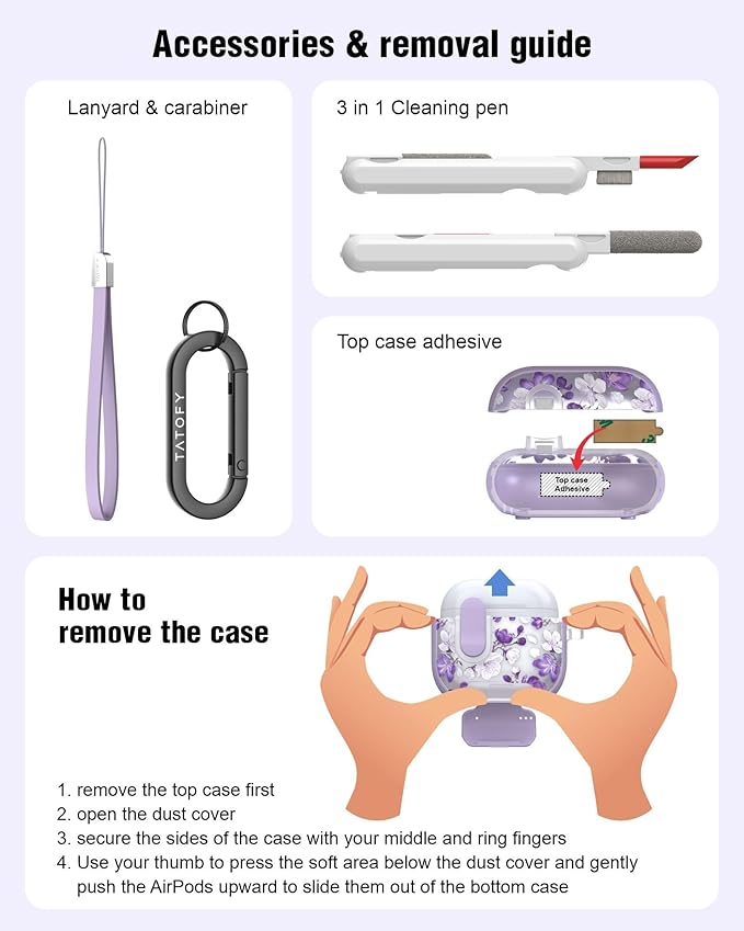 TATOFY for AirPods 4th Generation Case with Phone Stand Lanyard Lock Cleaning Kit, Compatible with Magsafe, Flowers Hard AirPod 4 Cover for Women (Purple, AirPods 4th)