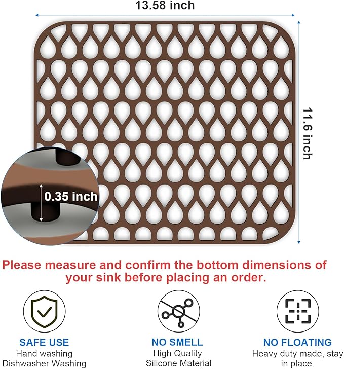TOOVEM 13.6"x11.6" Kitchen Sink Protector - Large Silicone Mat Grid for Bottom of Farmhouse Sink - Heat Resistant - Coffee - 1 Pack