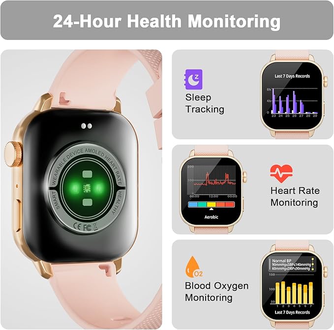 Smart Watch for Men Women, 1.85'' AMOLED HD Fitness Watch with 120+ Sports Modes, Bluetooth Call/Heart Rate/Sleep Monitor/Pedometer, Smartwatch for Android iOS, IP68 Waterproof, Gold