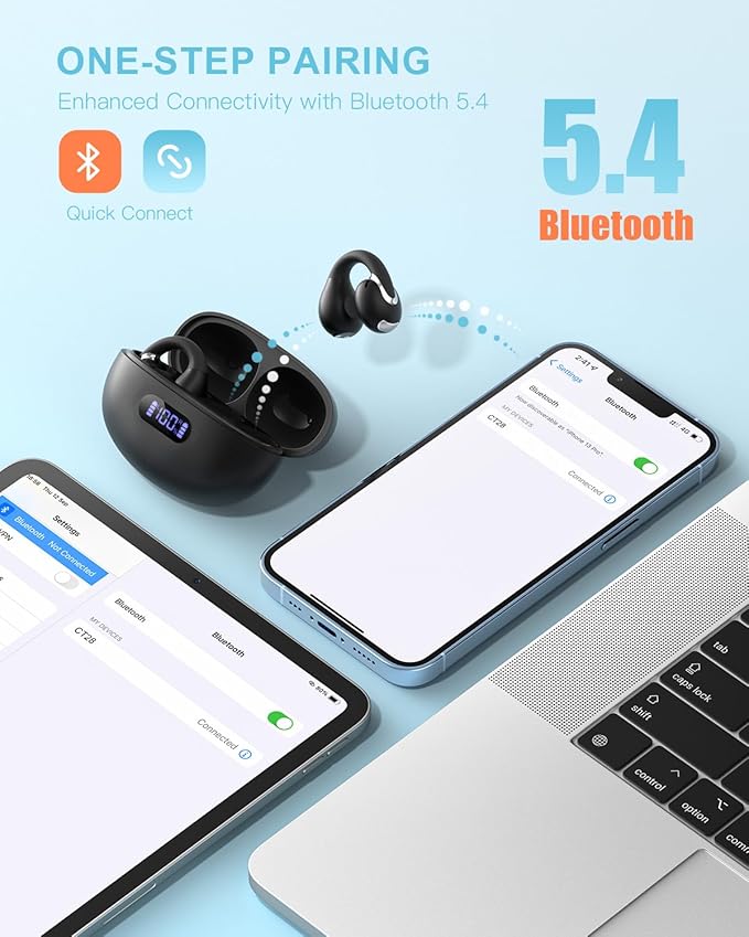 Open Ear Clip Wireless Earbuds Bluetooth 5.4, Lightweight Comfort Sports Bone Conduction Headphones Built-in Mic for Clear Audio, Stable Fit Earphones 24H Play-Black