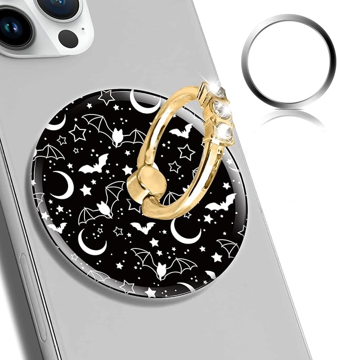 Magnetic Phone Ring Holder Compatible with MagSafe, Cute Phone Grip Stand with 360° Rotation Gold Glitter Finger Ring Kickstand Accessories for Most Phones Cute Black White Bats