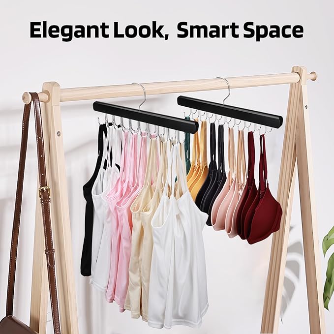 2 Pack Bra Hanger for Closet Organizer, Premium Wooden Tank Top Hangers with 40 Foldable Hooks, 360° Rotating Design, Space Saving Storage for Tank Tops, Bras, Scarves and More, Black