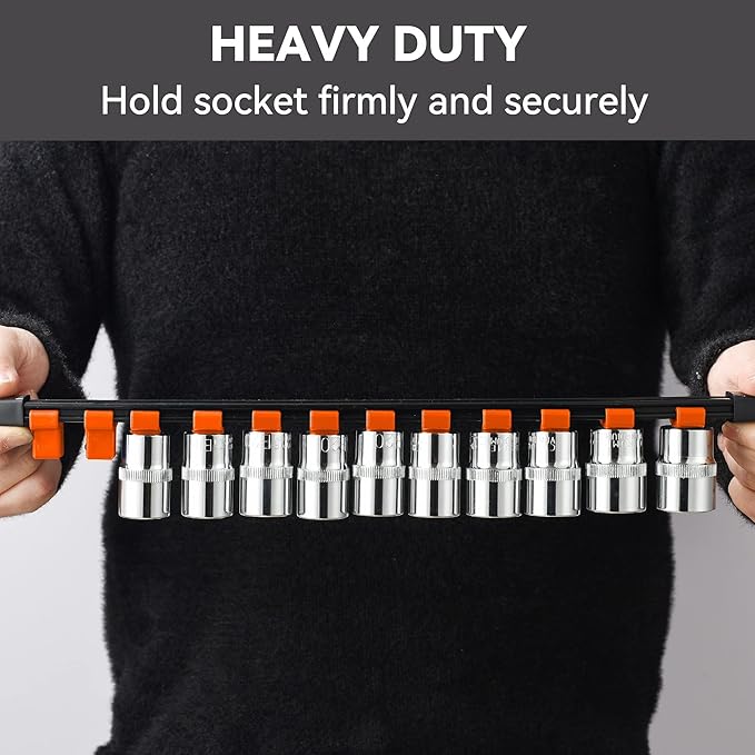 ALOANES 3PC ABS Socket Organizer, Socket Rails Fit 3/8 inch Drive, Heavy Duty Socket Holders Hold up to 45 Sockets, With Black Rails and Orange Clips