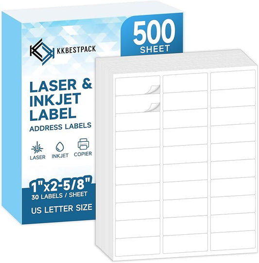 KKBESTPACK 30 Up Shipping Address Labels – 1” x 2-5/8” Self-Adhesive Barcode FNSKU Stickers for Inkjet and Laser Printer (500 Sheets / 15000 Labels)