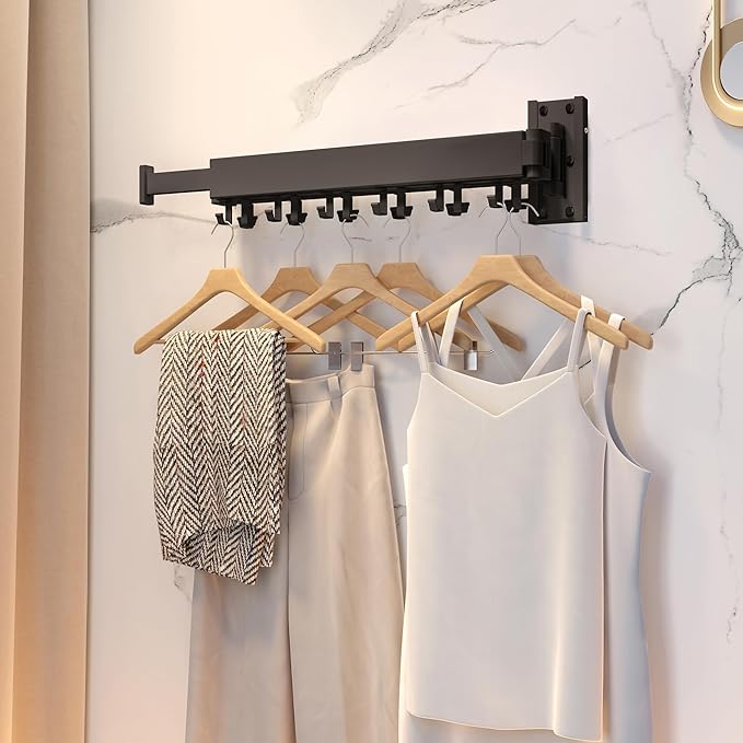 Clothes Drying Rack for Laundry,Wall Mounted Clothes Hanger Rack,Folding,Retractable,Collapsible(J Shape Hooks)