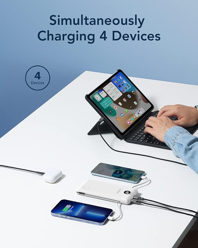 VEGER Portable Charger for iPhone Built in Cables and Wall Plug, 10000mah Slim Fast Charging USB C Power Bank, Travel Essential Battery Pack Compatible with iPhones, iPad, Samsung More Devices(White)