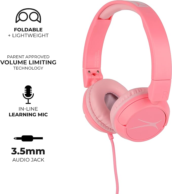 Altec Lansing Over The Ears Kids Headphones - Volume Limiting Technology for Developing Ears, Ages 3-5, Perfect for Learning from Home, Pink