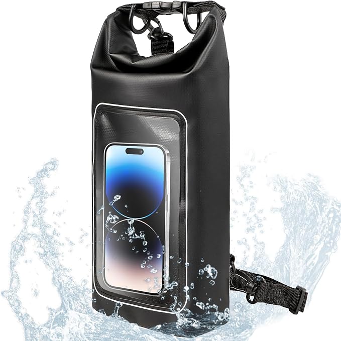 kullder Waterproof Dry Bag, 2L Roll Top Waterproof Pool Bag IPX8 with Crossbody Strap, Phone Pouch Water Protector for Cruise Camp Swim Beach Fish Travel Essentials, Boat & Kayak Accessories (Black)