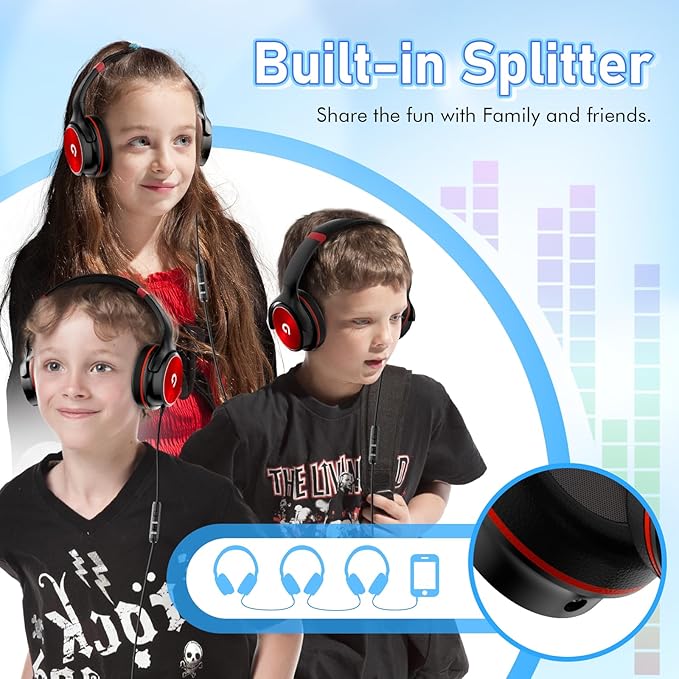 Kids Headphones with Safe 85dB/94dB Volume Limiter for Teen and Boys, Foldable HD Stereo Sound Headset for Kindle Kids/fire Tablet/iPad/Laptop, Headphones with Microphone (Black-red)