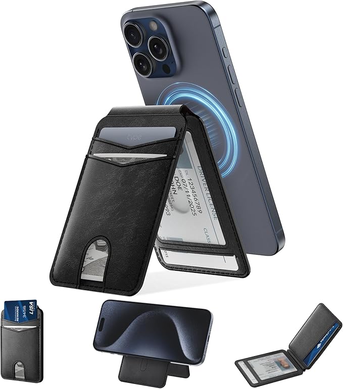 typecase Magnetic Wallet Compatible with Magsafe: Magnetic Phone Wallet & Card Holder for Apple iPhone 16 15 14 13 12 Pro Max - Adjustable Mag Safe Wallet Stand with 4 Card Slots - Black
