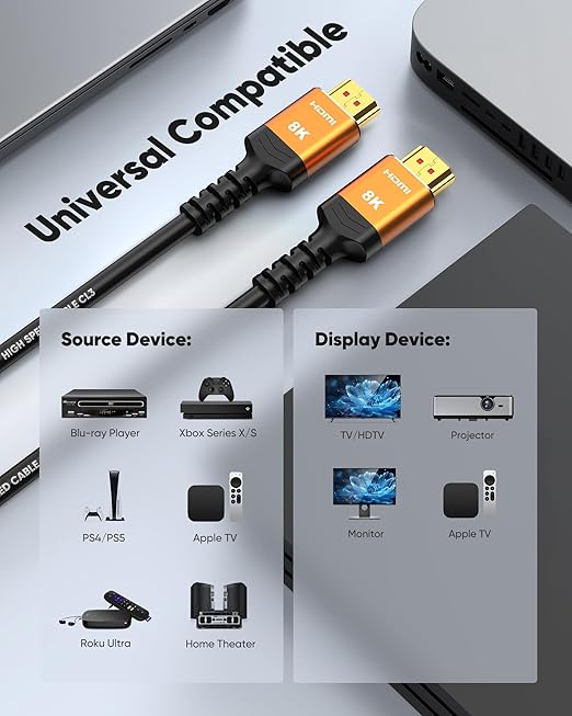 Highwings HDMI Cables 15FT Long, 8K Ultra High Speed HDMI 2.1 Cable [in-Wall CL3 Rated, 48Gbps] 8K@60 4K@120Hz/144Hz, HDMI Cord eARC HDCP 2.2 & 2.3, Compatible for XbX/S/HDTV/GPUs 30 & 40 Series