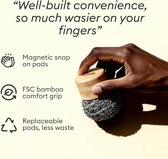 Vove Magnetic Scourer, Stainless Steel Scrubber with FSC-Certified Bamboo Handle, 3 Replacement Pads, Neodymium Magnet, for Cast Iron, Pots & Pans, Griddles, Grills, Plastic-Free Eco-Friendly Cleaner