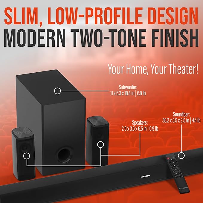 HyperGear SB51a 5.1 Surround Sound System for TV – 90W Home Theater Sound System, Soundbar, Subwoofer & Dual Speakers w/Bass, HDMI ARC & Optical Inputs for 4K/8K UHD TVs, Wall-Mountable Speakers