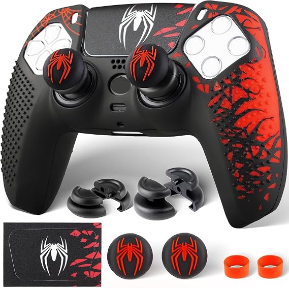 Silicone Skin Cover Sticker x 1 & Extender Grips x 2 for PS5 Controller Spider Red