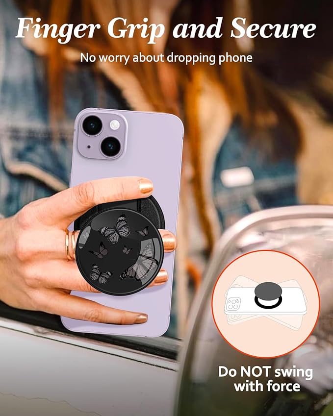 Kidcube Magnetic Phone Grip Compatible with Magsafe - Cell Phone Grip Stand Ring Holder Magnet Kickstand Removable Accessories for iPhone 16 Pro Max/16/15/14/13/12 Series Women Cute Black Butterfly