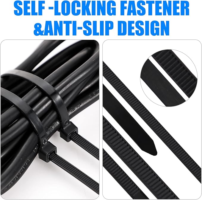 3000 Pieces Cable Zip Ties Bulk Heavy Duty Cable Ties Nylon Tie Wraps Self Locking Wire Ties for Plants Gardening Farming Grid Wall Fence Indoor and Outdoor(Black, 8" (27lb))