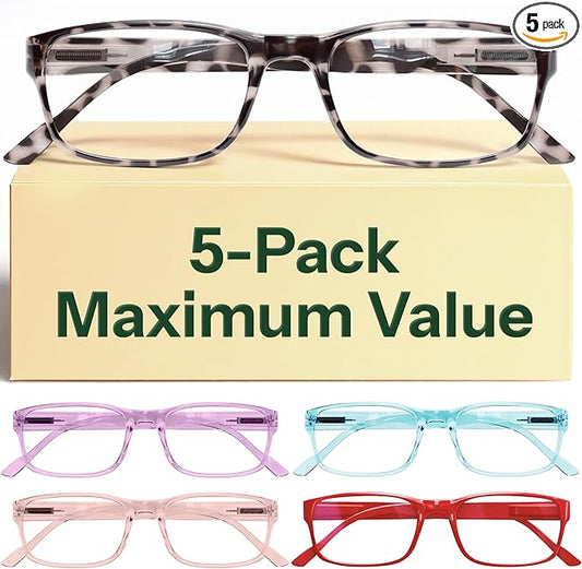 Gaoye Reading Glasses Blue Light Blocking, Spring Hinge Readers for Women Anti Glare Filter Lightweight Eyeglasses (5-Pack Mix Color 2, 1.75)
