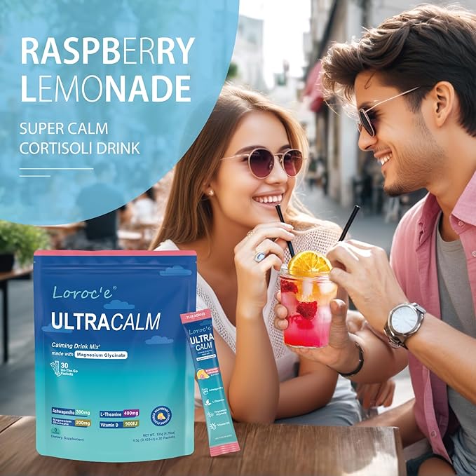 UltraCalm Super Cortisol Drink with Magnesium Glycinate, Ashwagandha, L-Theanine, Vitamin D3, Magnesium Powder for Sleep & Stress Relief, Raspberry Lemonade (30 Servings)