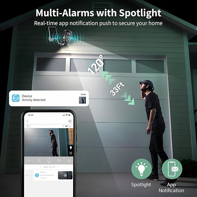 Solar Security Cameras Wireless Outdoor 2K Battery Powered Color Night Vision WiFi Home Camera 2 Way PIR Motion Detection Spotlight Alarm SD/Cloud Storage for Indoor Yard Waterproof