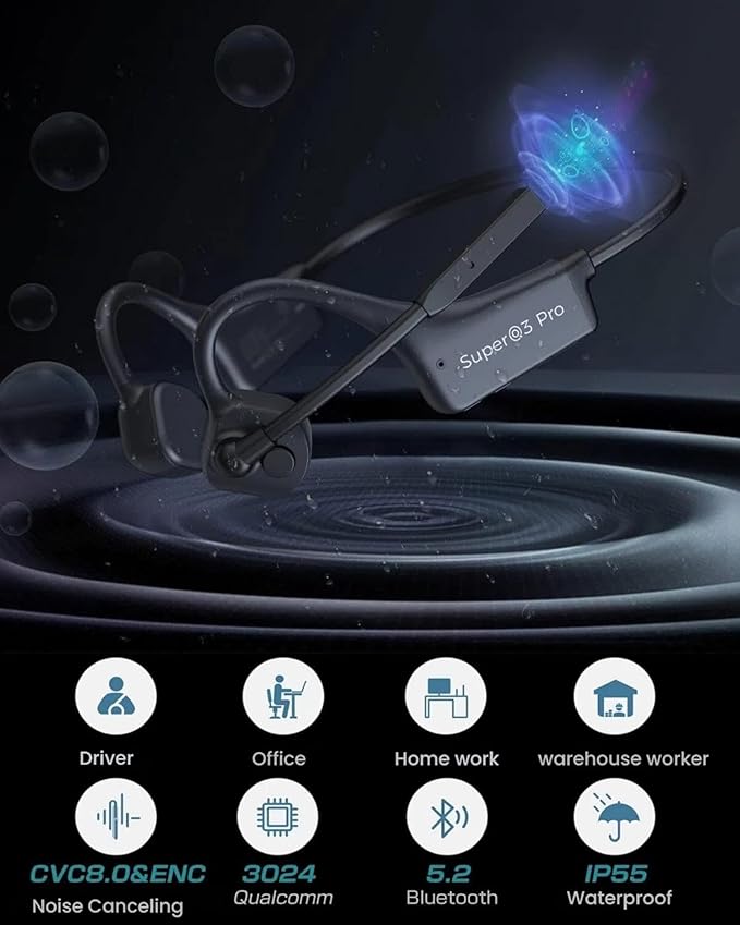 Bone Conduction Bluetooth Headphones with ENC Boom Mic Wireless Computer Headsets with Mic Noise Canceling Open Ear 8H Playtime Multi-Device Pairing for Sports Work Driving Study