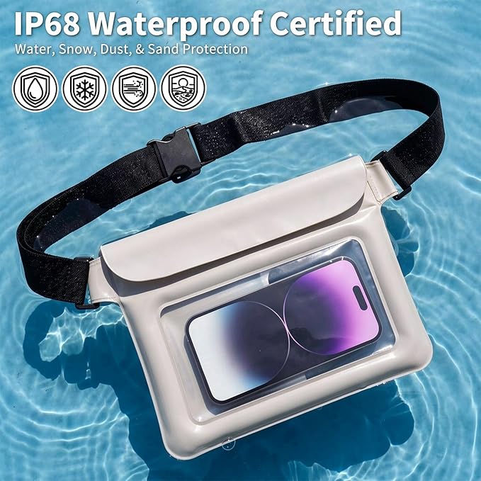 Waterproof Dry Bag Set 2 Pcs: White 9.8" Clear Fanny Pack with Black Waterproof Phone Case -7" Phone Pouch, IPX8 Floating Water Proof Belt Bag with Adjustable Strap for Cruise Beach Swim Essentials