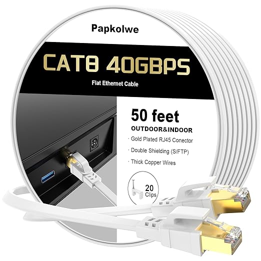 Cat 8 Ethernet Cable 50 ft, 40Gbps 2000MHz RJ45 Flat Network LAN Cable