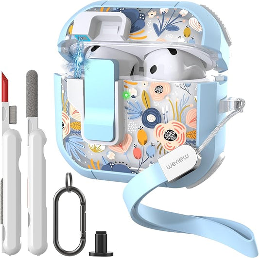 WENEW Case for AirPods 4th Case Cover Secure Lock Automatic Snap Switch Clip Cleaner Kit Lanyard Women Stylish Flower Armour Hard Shell Full Body Front LED Visible (Blue, AirPods 4)