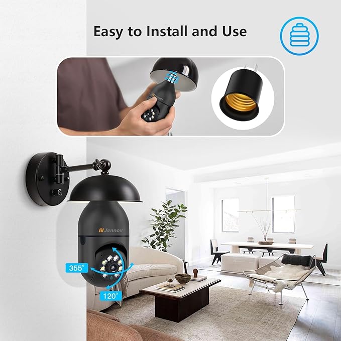 Jennov 2K Light Bulb Security Camera Wireless Outdoor, Indoor Light Socket Cameras for Home Security, Human Detection, 355°, Color Night Vision, 5G/2.4G WiFi, Screw in, Compatible with Alexa