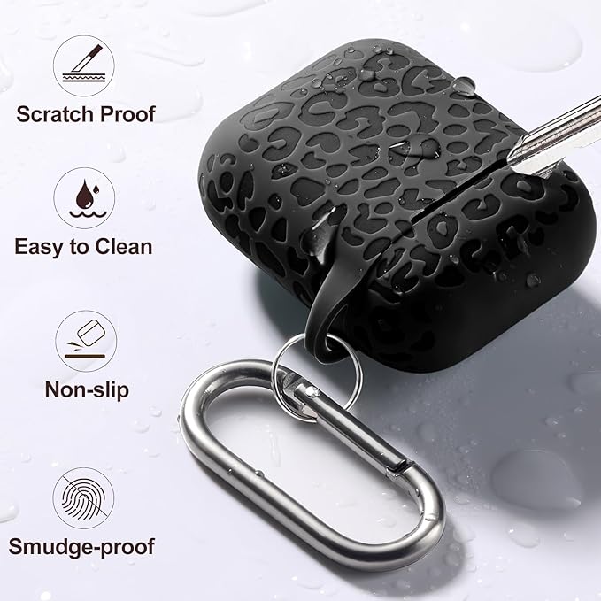 for Airpod Case &2nd Generation Leropard Engraved Skin Cover Compatible with Apple AirPods 2nd/1st Charging,Cute Soft Silicone Full Protective, Front LED Visible, Black