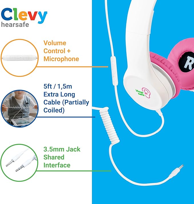 Clevy Kids Headphones Over-Ear 3.5mm Jack Wired Headphones for School - 5ft Tangle-Free Cord with HD Mic, 85dB Volume Limited for iPad/Computer, Foldable Girls/Boys Durable Carrying Case (Pink)