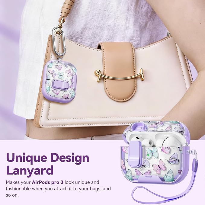with Safety Lock for AirPods Pro 3 Case 2025,Clear Butterfly Floral Cute Airpods Pro 3rd Generation Case with Phone Stand & Cleaner Kit for Apple AirPods Pro 3 for Women Girly-Purple