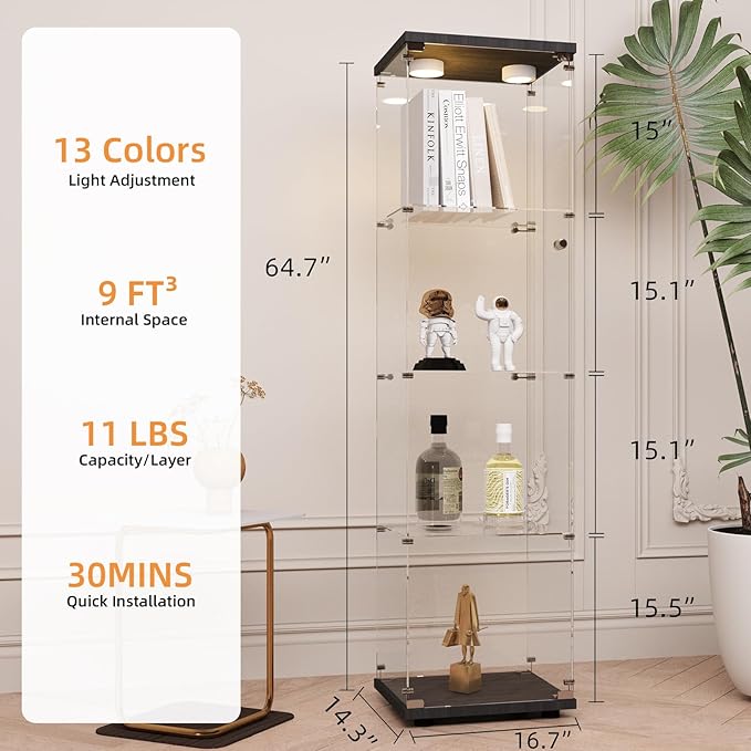LFT HUIMEI2Y Glass Display Cabinet with LED Lights and Lock, 4-Shelf Curio Cabinets with Door, Tempered Glass Collection Display Showcase for Bedroom, Living Room 65”x 17”x 14.5” Black