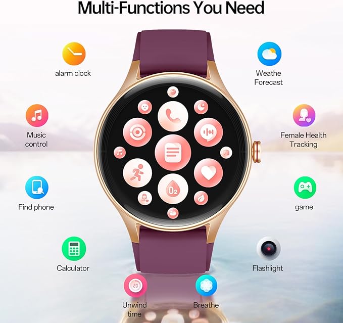 Smart Watch for Women,1.57inch AMOLED Touchscreen Fitness Watch for iPhone & Android,Heart Rate/Sp02/Sleep Monitor,110+ Sport Modes IP68 Waterproof Bluetooth Calls,2 Bands (Purple, 1.57)