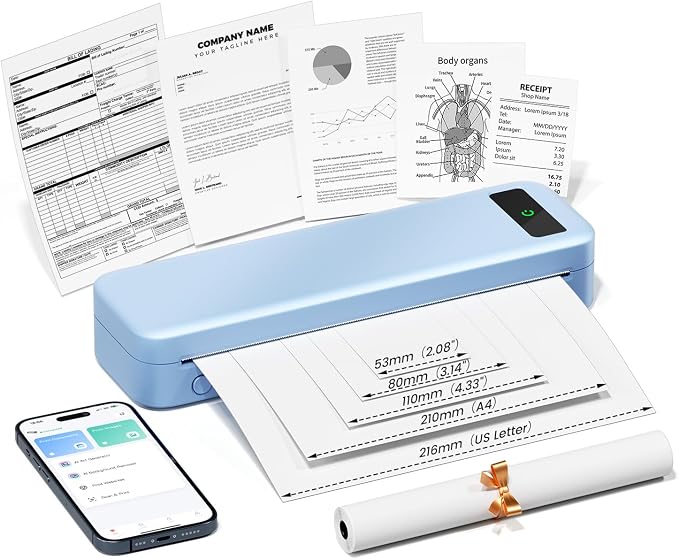 Portable Printers Wireless for Travel Home, A285M Inkless Thermal Printer