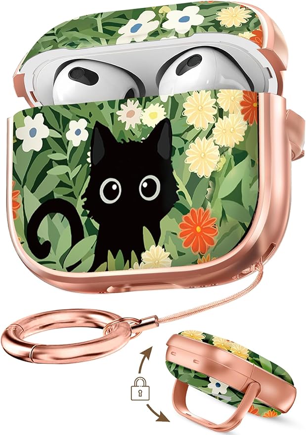 Coralogo for AirPods 3rd Case with Safety Lock - Cute Cartoon for AirPods 3rd Generation for Women Girls Fashion Stylish Cat Flower Pattern Design Kawaii Girly Girlish Hard Protective Cover