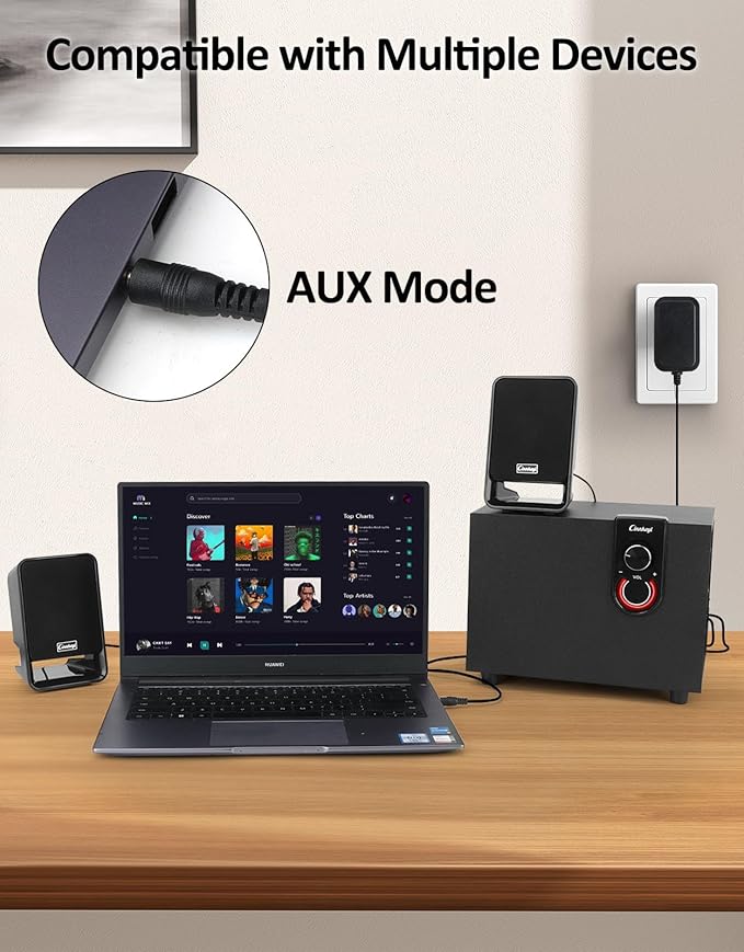 40W AC Powered Computer Speakers with Subwoofer, 2.1 Wooden PC Speaker with Subwoofer,4'' Woofer-Dual 3.5'' Satellites Speakers Woofer,Strong Bass,DSP Speakers with 3.5mm Inputs for PC/Laptop