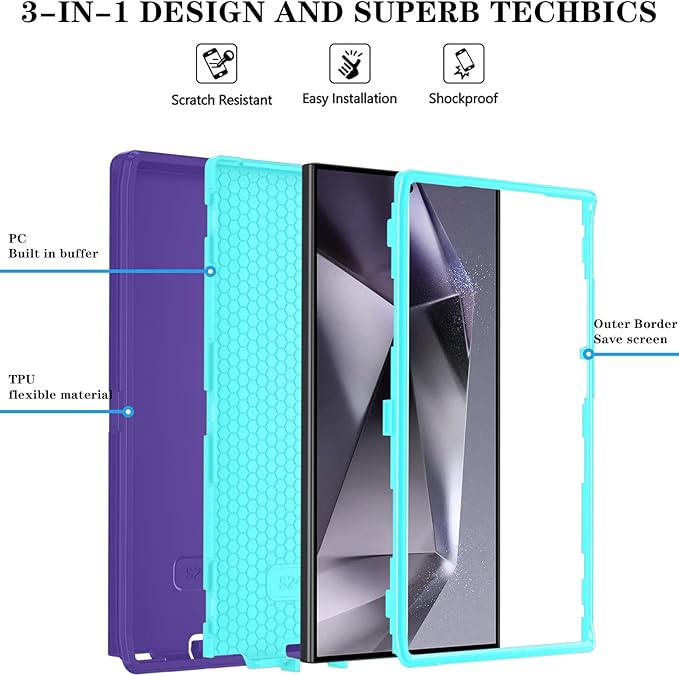 ONOLA Compatible with Samsung Galaxy S24 Ultra Case with HD Screen Protector, Heavy Duty Shockproof & Dropproof 3-Layer Cover Phone Case,PurpleSkyBlue