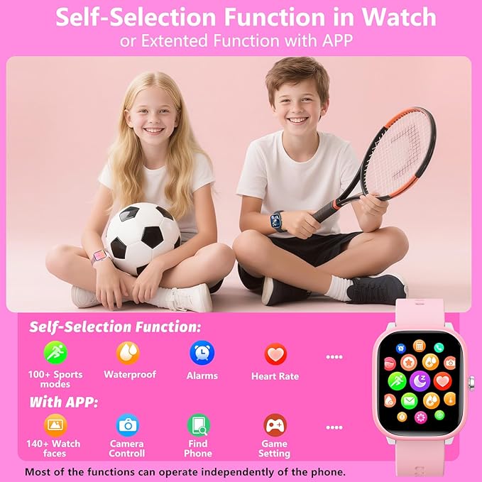 Kids Wach for Girls Boys 6-15 Year Old - Smart Watch for Kids 1.8" Fitness Tracker,No Phone needed,Pedometer Sleep Monitor Heart Rate Waterproof,Puzzle Game for Girls Boys Teens Birthday Gift (Pink)