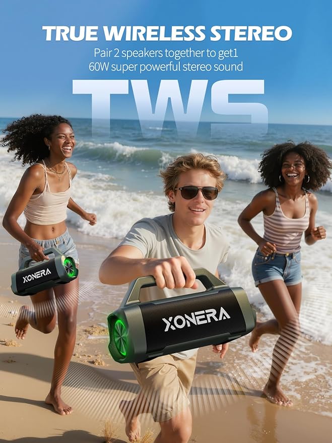Speakers Bluetooth Wireless, 80W Peak Loud Outdoor Speaker with Bass, 20H Playtime, IPX6 Waterproof, TWS，BT5.3, Portable for Camping Hiking Boating Pool Beach, Olive Green